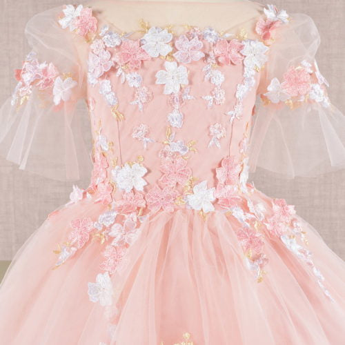 3D Floral Applique Mesh Kids Dress, GK107 GLS BY ELIZABETH K