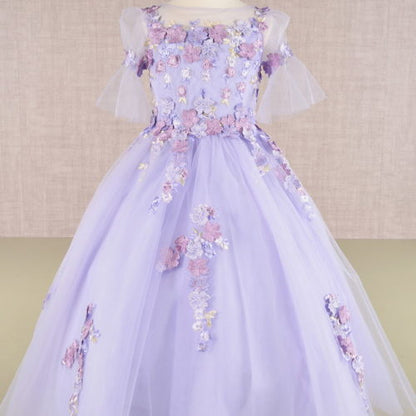 3D Floral Applique Mesh Kids Dress, GK107 GLS BY ELIZABETH K