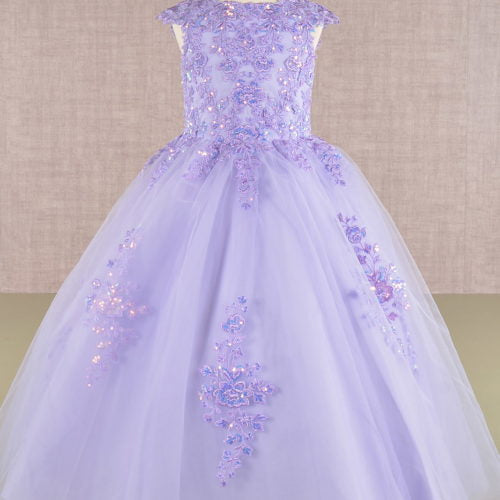 Sequin Embroidery Long Back Hem Mesh A-Line Kids Dress, GK108 GLS ELIZABETH K