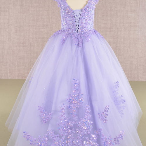 Sequin Embroidery Long Back Hem Mesh A-Line Kids Dress, GK108 GLS ELIZABETH K