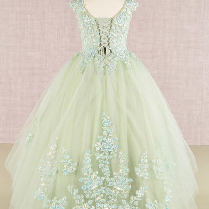 Sequin Embroidery Long Back Hem Mesh A-Line Kids Dress, GK108 GLS ELIZABETH K