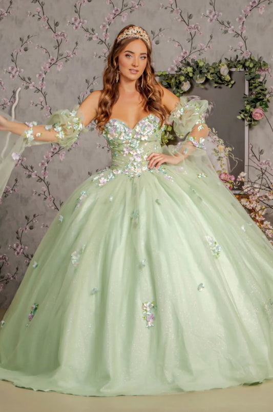 3D Floral Quinceañera Gown Dress applique long strapless bell sleeve dress with A-line skirt. GL3300(GLS) by Gloria.