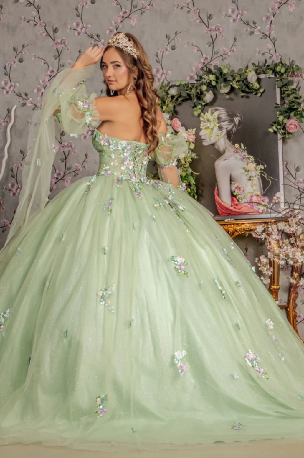 3D Floral Quinceañera Gown Dress applique long strapless bell sleeve dress with A-line skirt. GL3300(GLS) by Gloria.