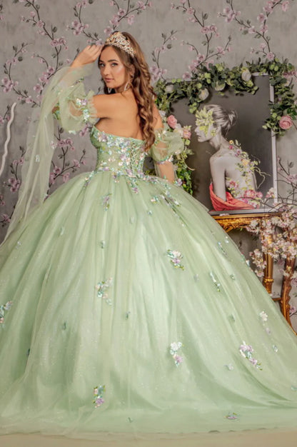 3D Floral Quinceañera Gown Dress applique long strapless bell sleeve dress with A-line skirt. GL3300(GLS) by Gloria.