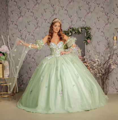 3D Floral Quinceañera Gown Dress applique long strapless bell sleeve dress with A-line skirt. GL3300(GLS) by Gloria.