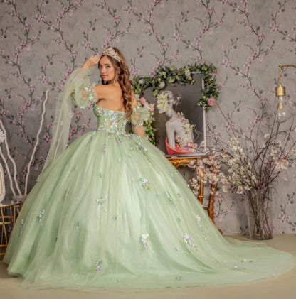3D Floral Quinceañera Gown Dress applique long strapless bell sleeve dress with A-line skirt. GL3300(GLS) by Gloria.
