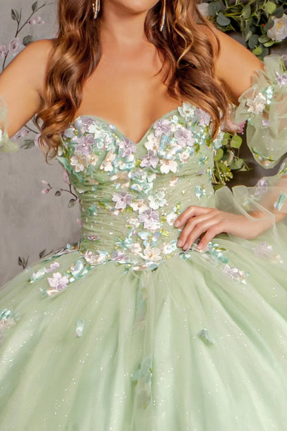 3D Floral Quinceañera Gown Dress applique long strapless bell sleeve dress with A-line skirt. GL3300(GLS) by Gloria.