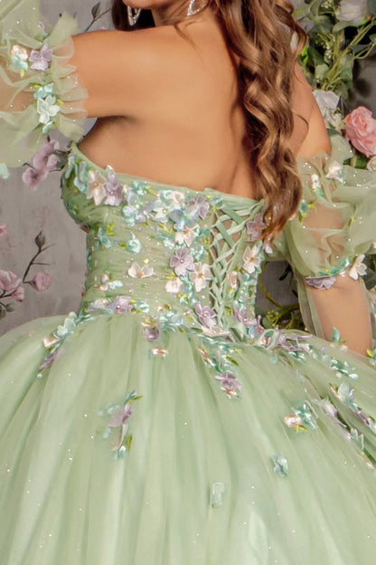 3D Floral Quinceañera Gown Dress applique long strapless bell sleeve dress with A-line skirt. GL3300(GLS) by Gloria.