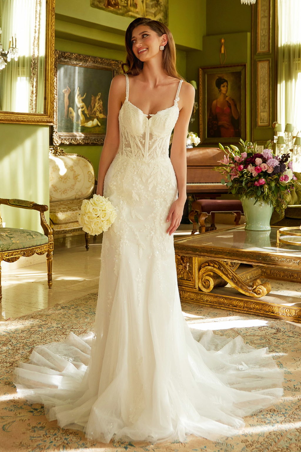This fitted wedding dress features a double spaghetti-strap, GL3531 (GLS) BY GLORIA
