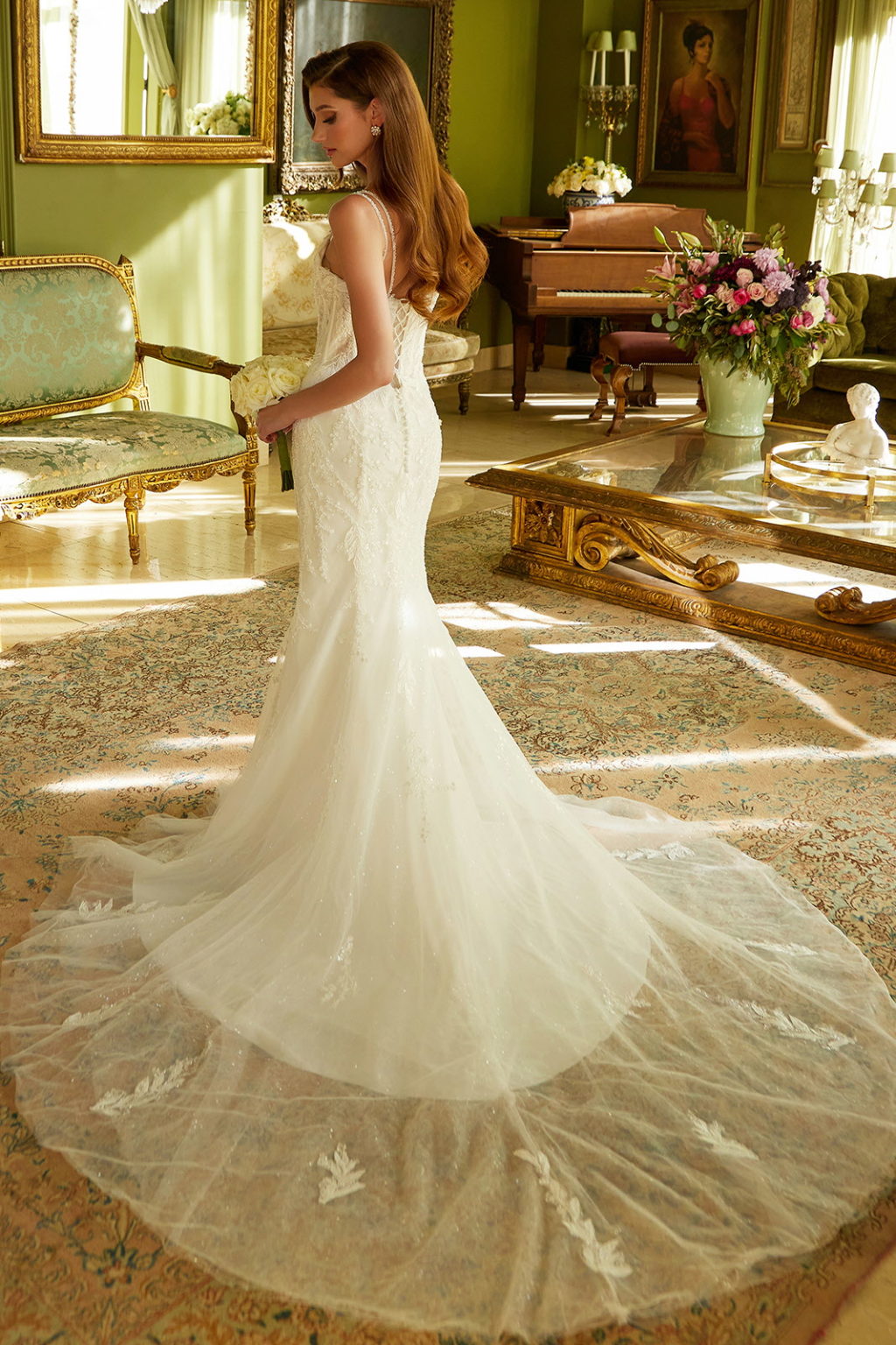 This fitted wedding dress features a double spaghetti-strap, GL3531 (GLS) BY GLORIA