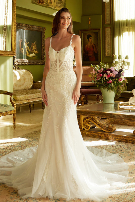 This fitted wedding dress features a double spaghetti-strap, GL3531 (GLS) BY GLORIA