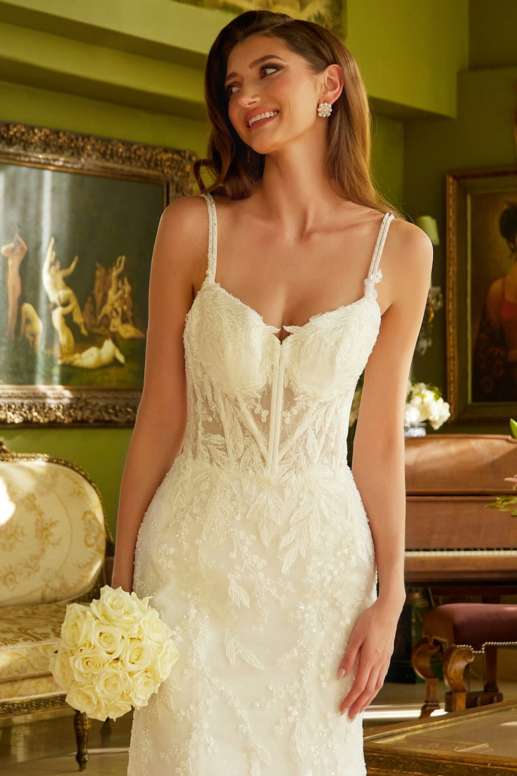 This fitted wedding dress features a double spaghetti-strap, GL3531 (GLS) BY GLORIA