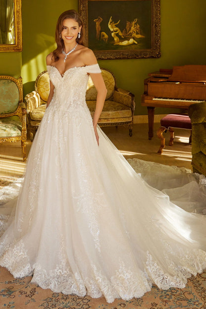 perfect in this embroidered long off the shoulder wedding dress  GL3534 BY GLORIA
