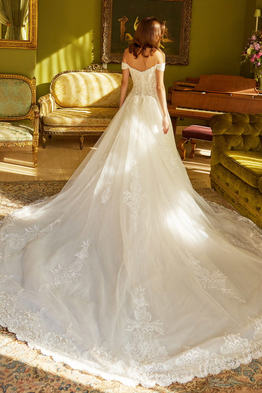 perfect in this embroidered long off the shoulder wedding dress  GL3534 BY GLORIA