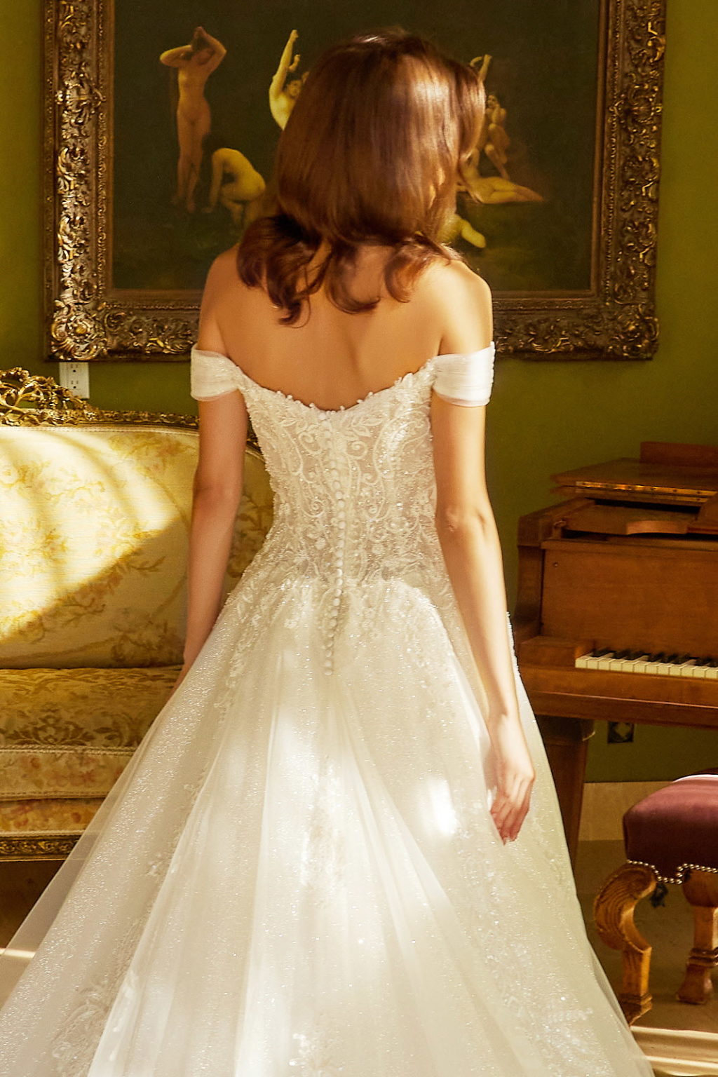 perfect in this embroidered long off the shoulder wedding dress  GL3534 BY GLORIA