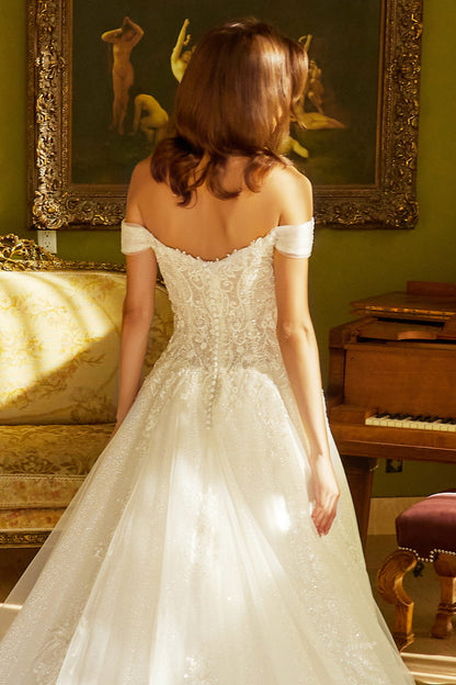 perfect in this embroidered long off the shoulder wedding dress  GL3534 BY GLORIA