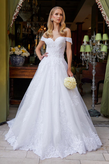 perfect in this embroidered long off the shoulder wedding dress  GL3534 BY GLORIA