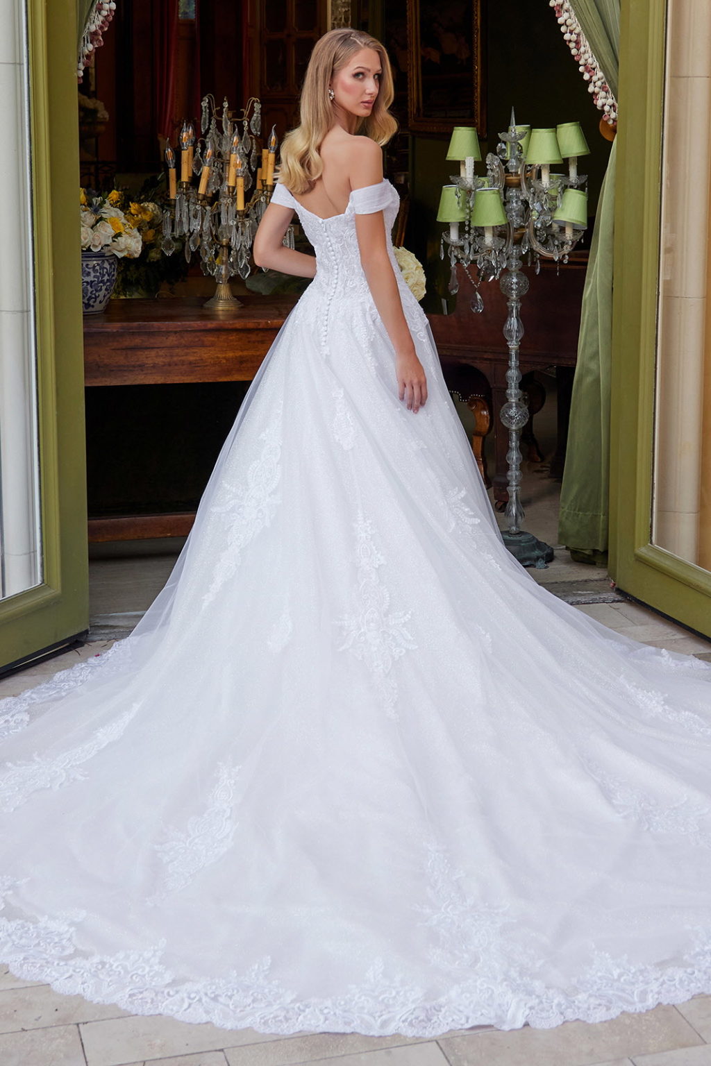 perfect in this embroidered long off the shoulder wedding dress  GL3534 BY GLORIA