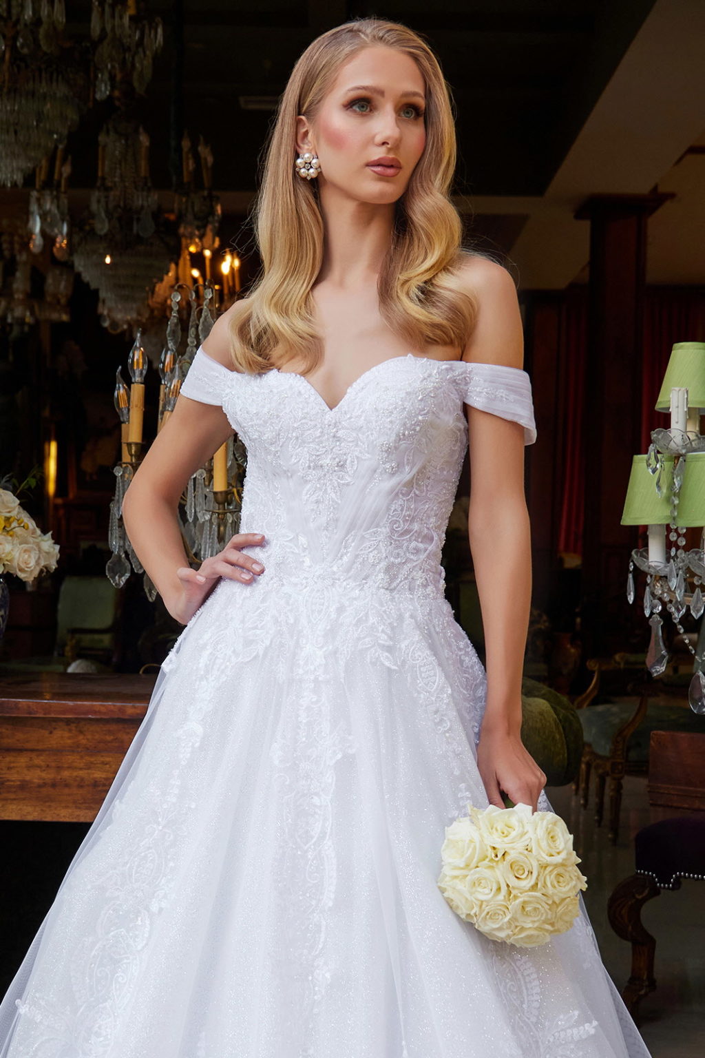 perfect in this embroidered long off the shoulder wedding dress  GL3534 BY GLORIA