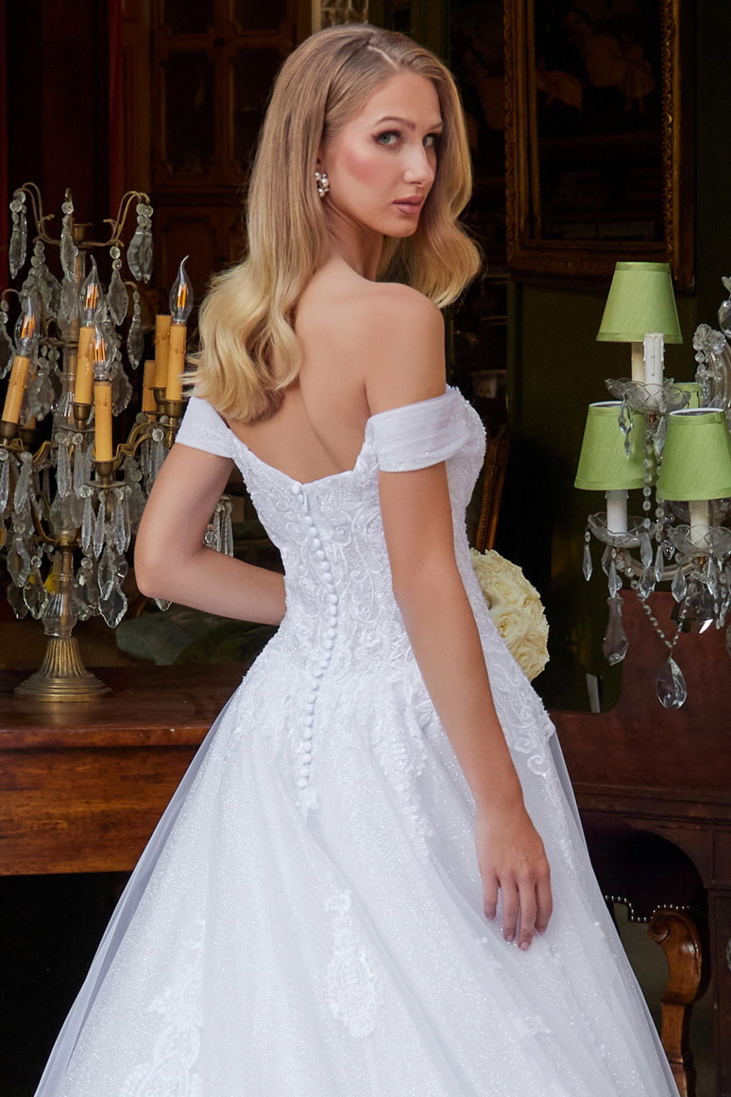 perfect in this embroidered long off the shoulder wedding dress  GL3534 BY GLORIA