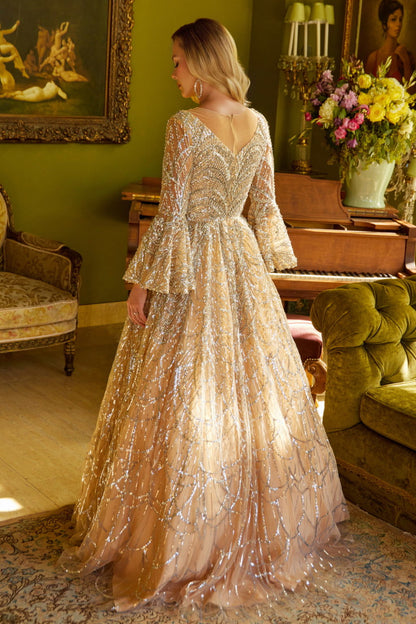 Jewels, sequins and beads, extravagantly decorate this A-line silhouette dress GL3582 GLS BY GLORIA