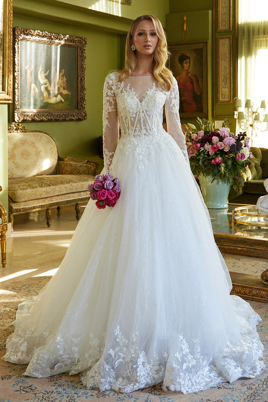Embroidered Beads Featured A-line Wedding Gown with Mesh Long Sleeve GL3603 BY GLORIA