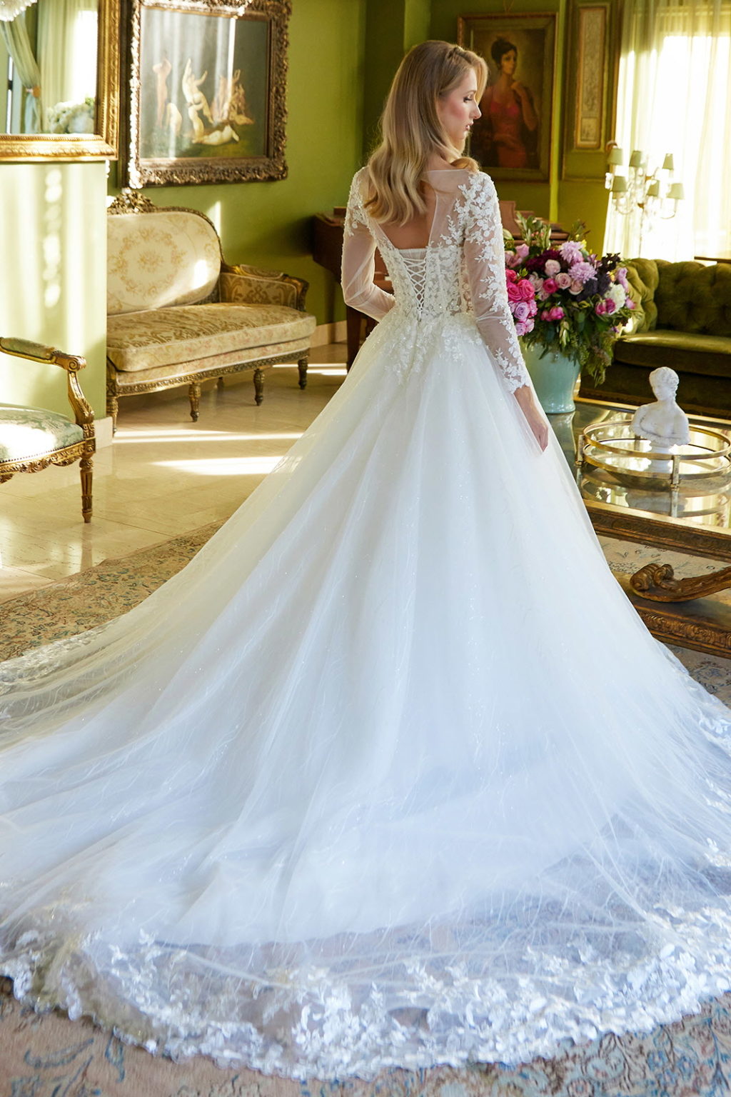 Embroidered Beads Featured A-line Wedding Gown with Mesh Long Sleeve GL3603 BY GLORIA