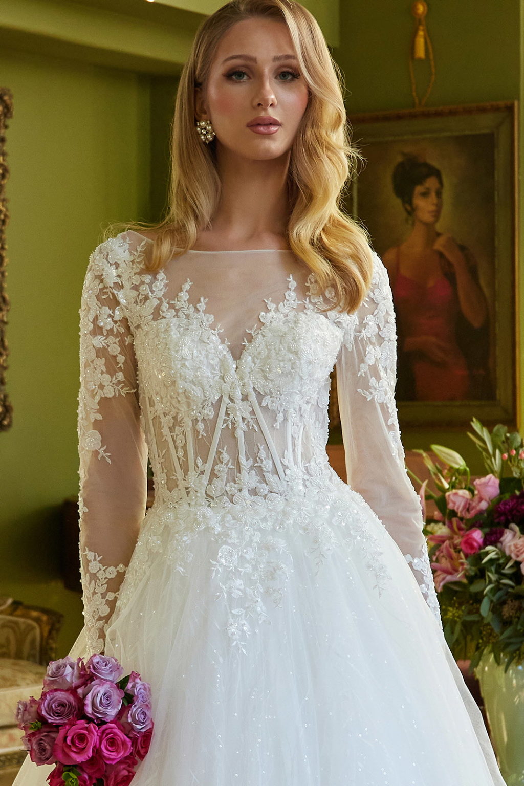 Embroidered Beads Featured A-line Wedding Gown with Mesh Long Sleeve GL3603 BY GLORIA