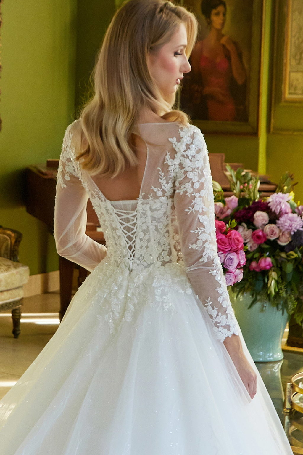 Embroidered Beads Featured A-line Wedding Gown with Mesh Long Sleeve GL3603 BY GLORIA