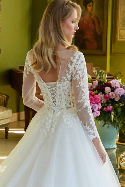 Embroidered Beads Featured A-line Wedding Gown with Mesh Long Sleeve GL3603 BY GLORIA