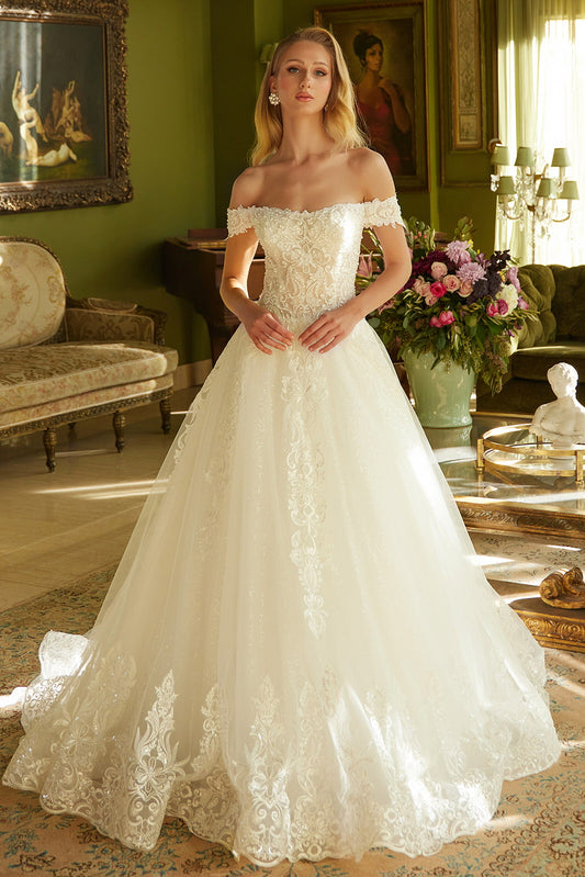 Embroidered A-line Pearl Accented Wedding Gown with Lace-up Back GL3604 BY GLORIA