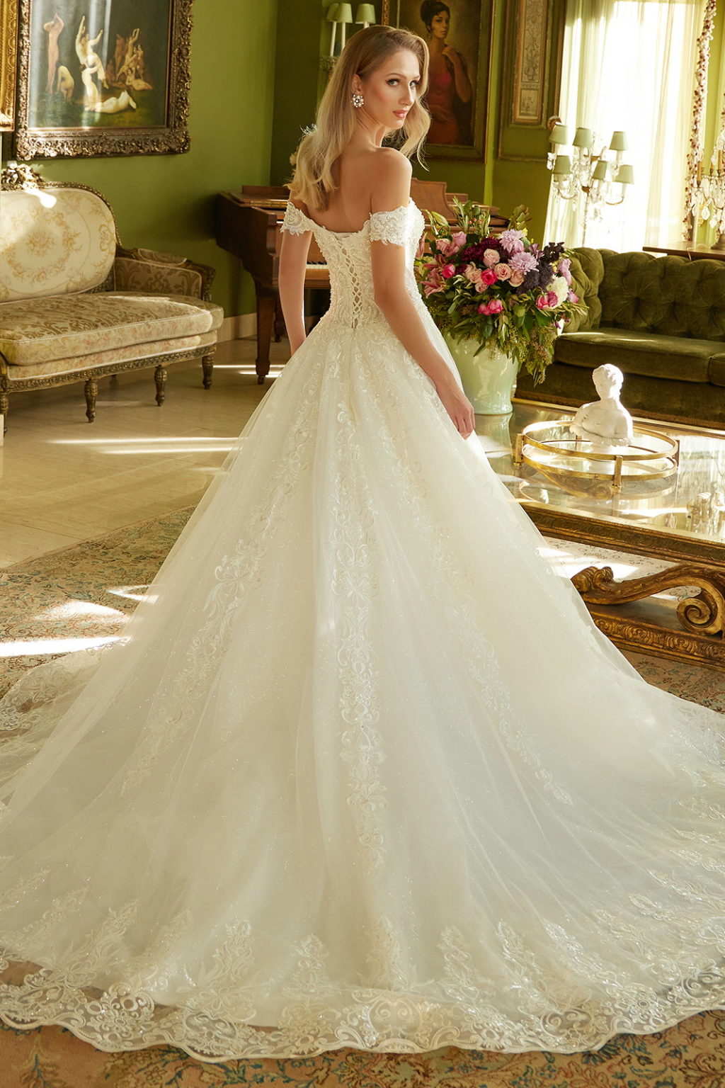 Embroidered A-line Pearl Accented Wedding Gown with Lace-up Back GL3604 BY GLORIA