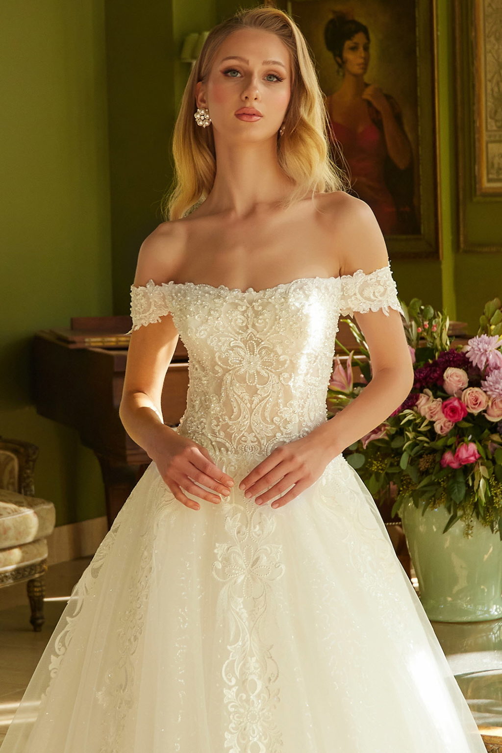 Embroidered A-line Pearl Accented Wedding Gown with Lace-up Back GL3604 BY GLORIA