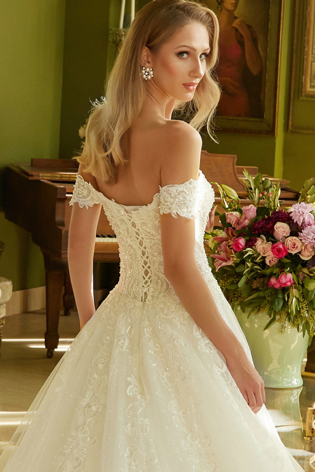 Embroidered A-line Pearl Accented Wedding Gown with Lace-up Back GL3604 BY GLORIA