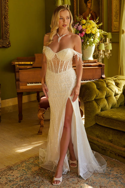 A large amount of beads and sequins decorate the corset bust and leads out  GL3620 GLS BY ELIZABETH K