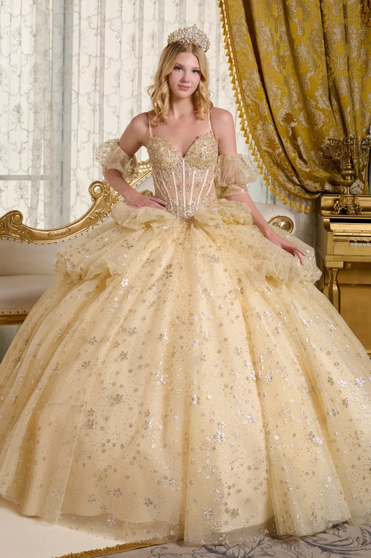 This beautifully embellished ball gown features a sheer corset bodice adorned with beads GL3646(GLS) BY ELIZABETH K