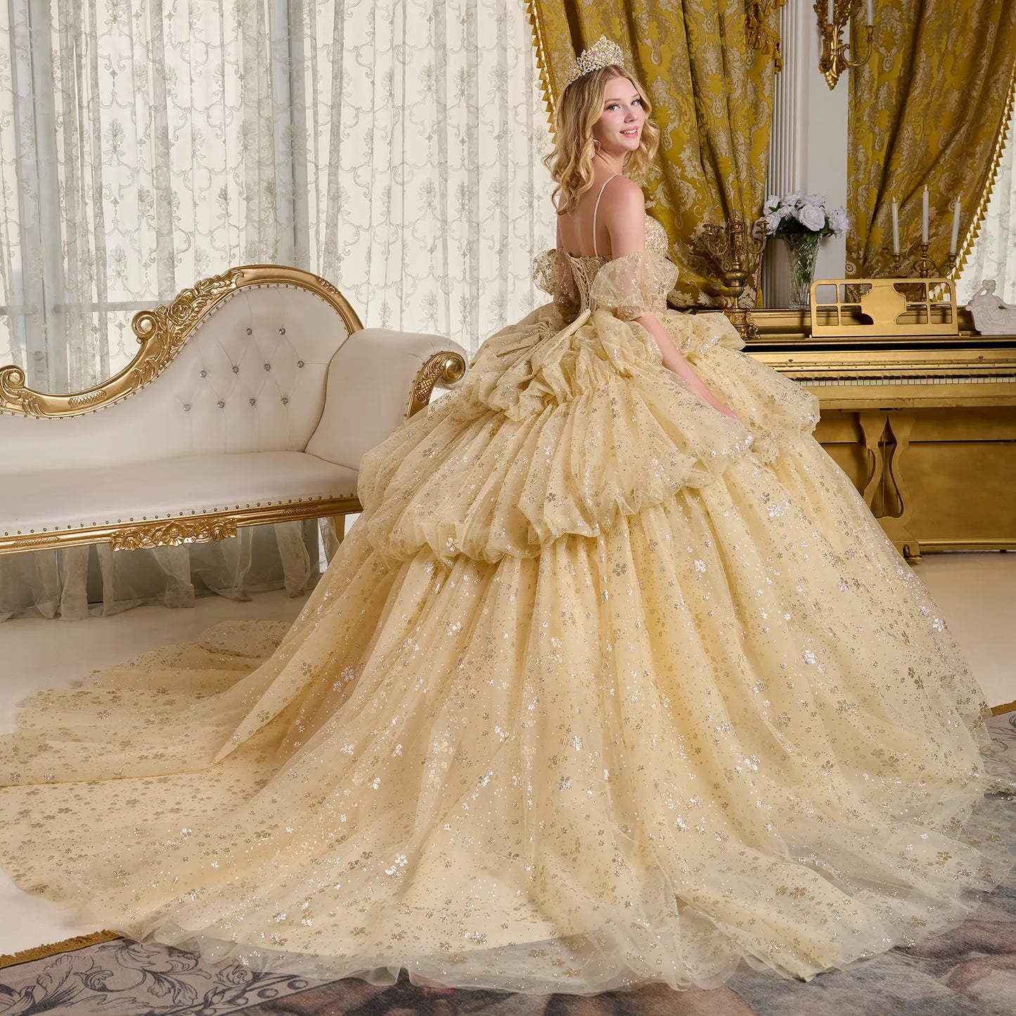 This beautifully embellished ball gown features a sheer corset bodice adorned with beads GL3646(GLS) BY ELIZABETH K