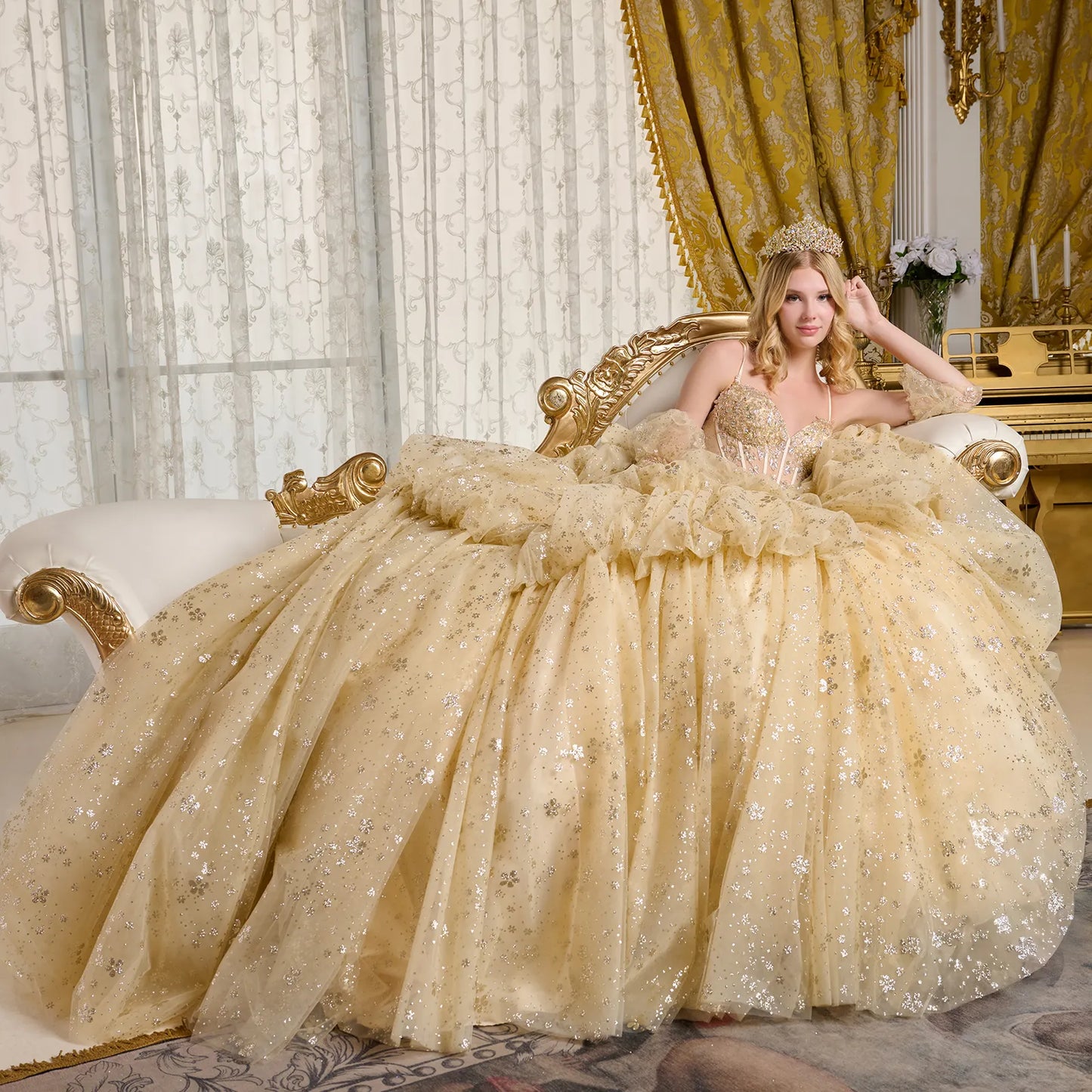 This beautifully embellished ball gown features a sheer corset bodice adorned with beads GL3646(GLS) BY ELIZABETH K