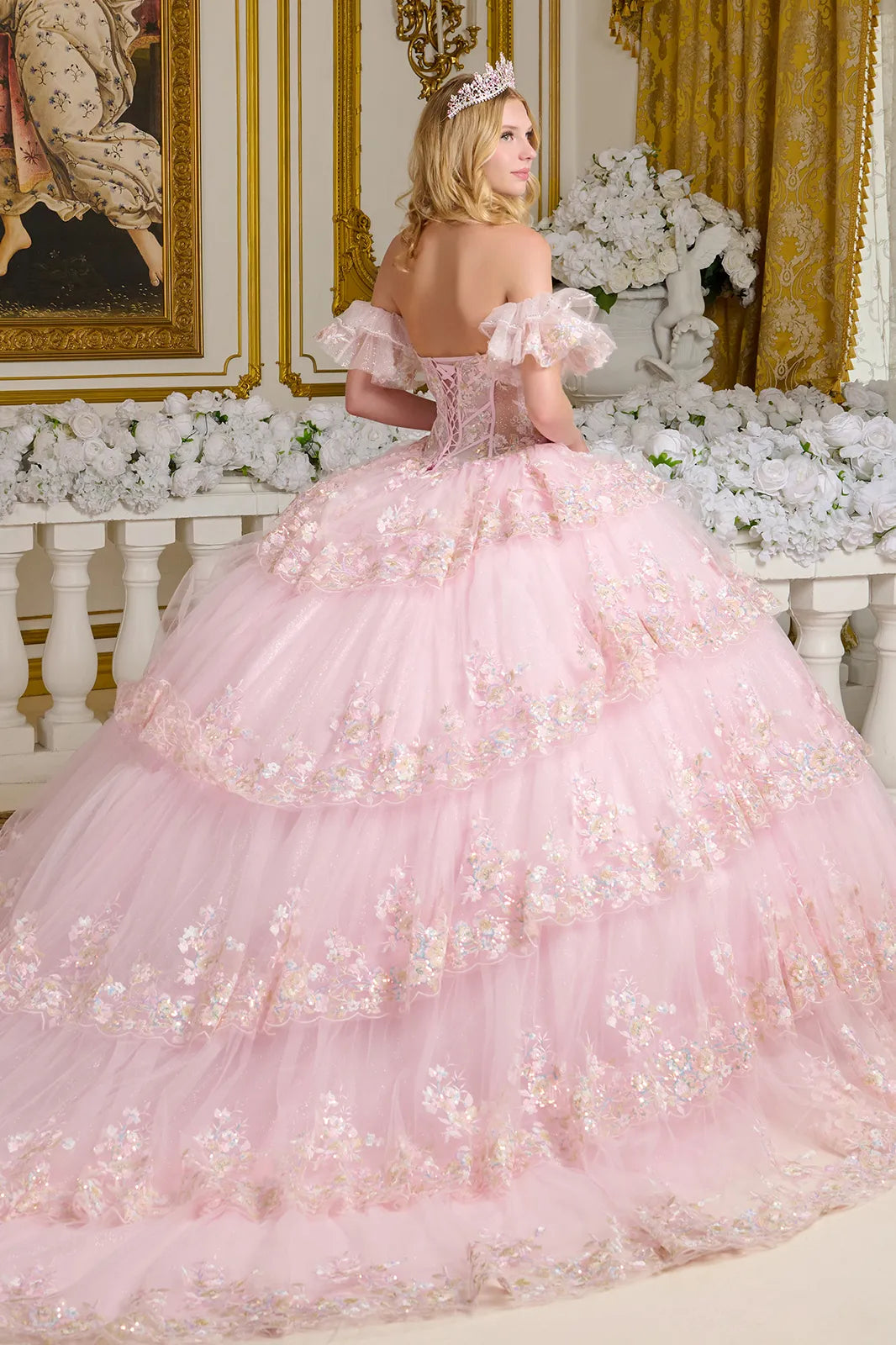 These embellishments continue throughout the layered skirt, which features scalloped embroidery along the hem. GL3650 (GLS) BY ELIZABETH K