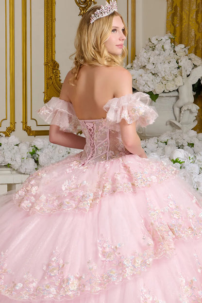 These embellishments continue throughout the layered skirt, which features scalloped embroidery along the hem. GL3650 (GLS) BY ELIZABETH K