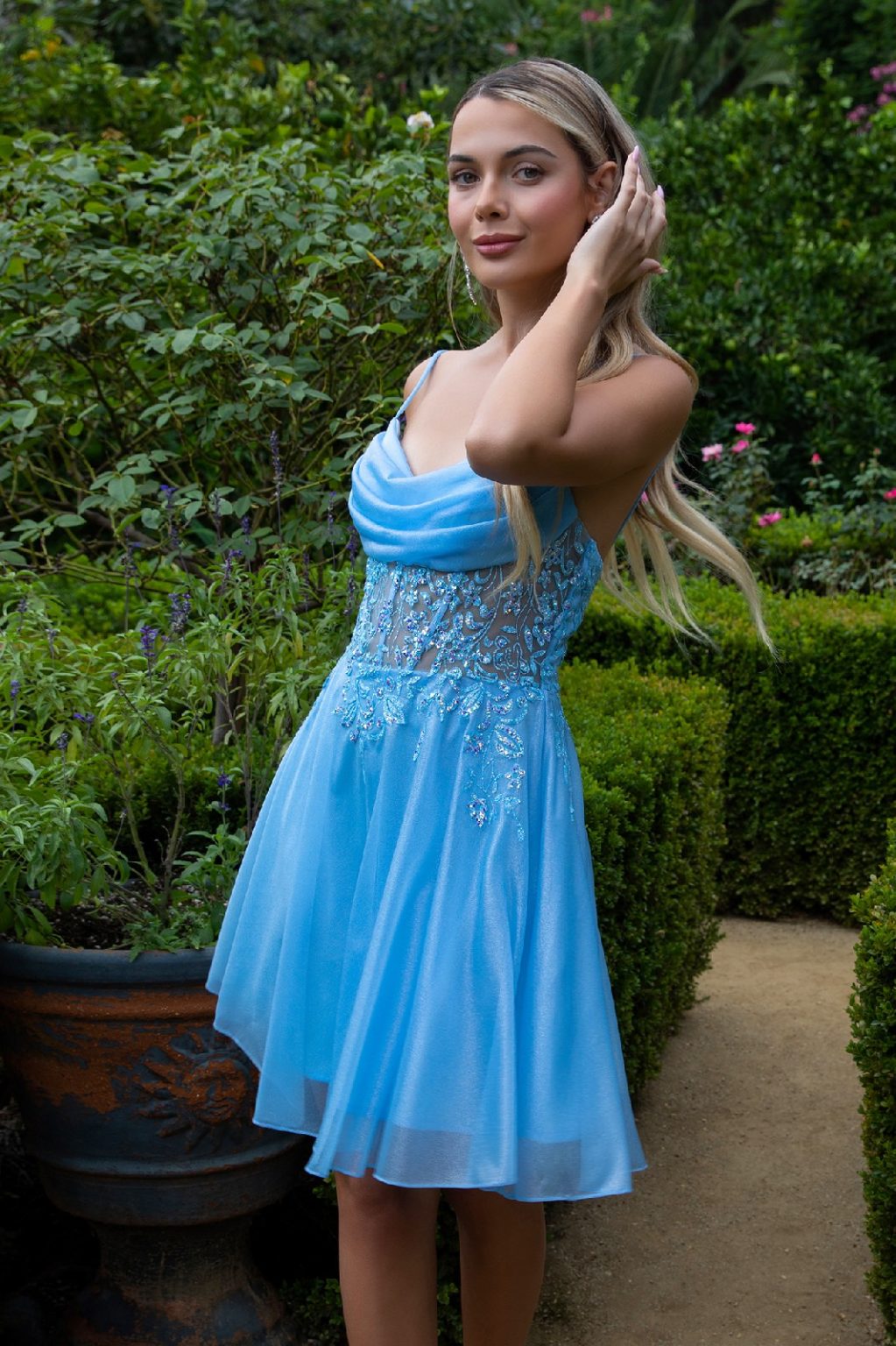 Sheer Bodice Glitter Print Embellished Spaghetti Strap Homecoming Dress GS3507 B Y ELIZABETH K