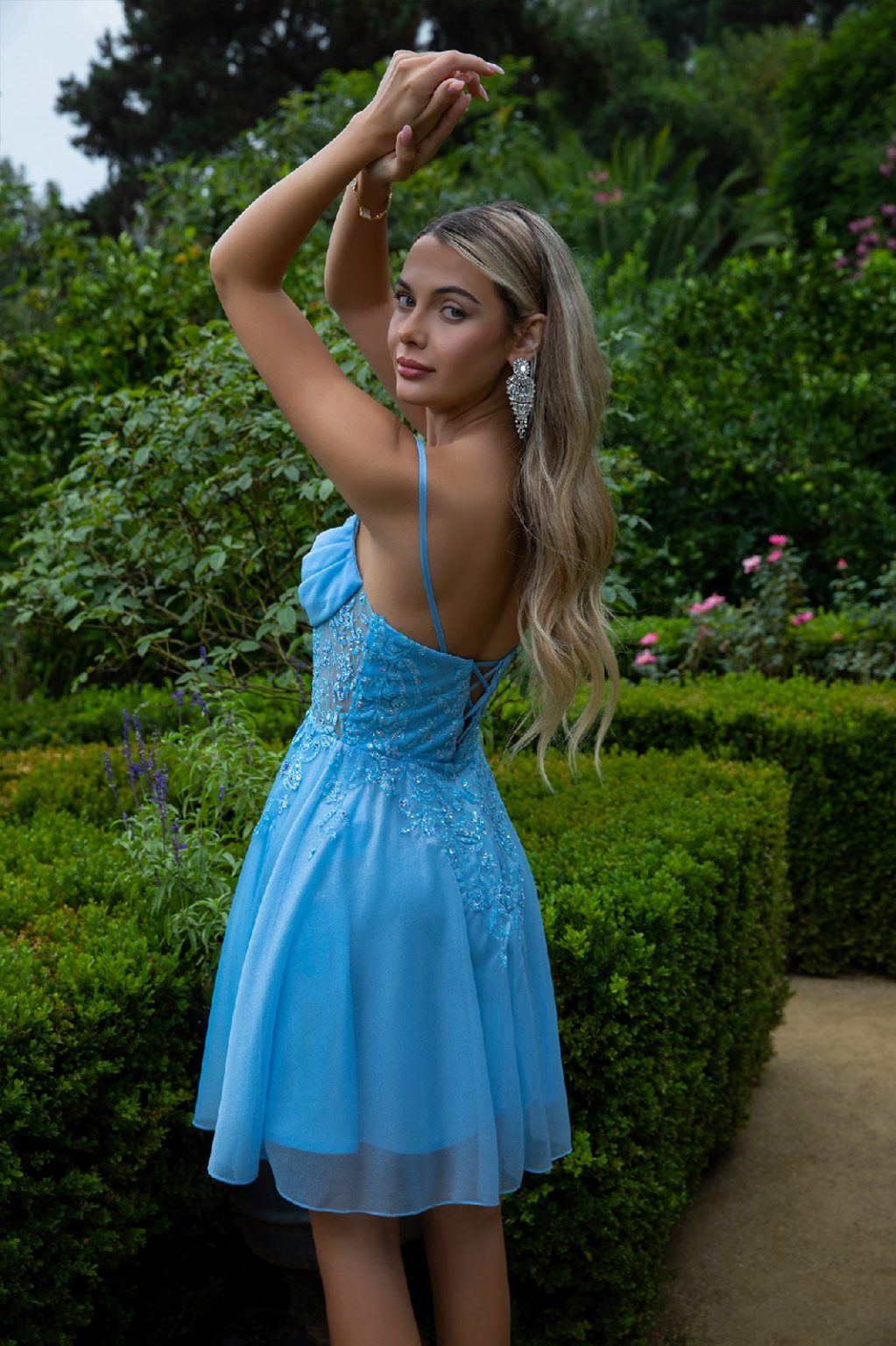 Sheer Bodice Glitter Print Embellished Spaghetti Strap Homecoming Dress GS3507 B Y ELIZABETH K