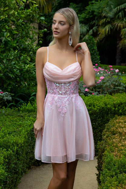 Sheer Bodice Glitter Print Embellished Spaghetti Strap Homecoming Dress GS3507 B Y ELIZABETH K