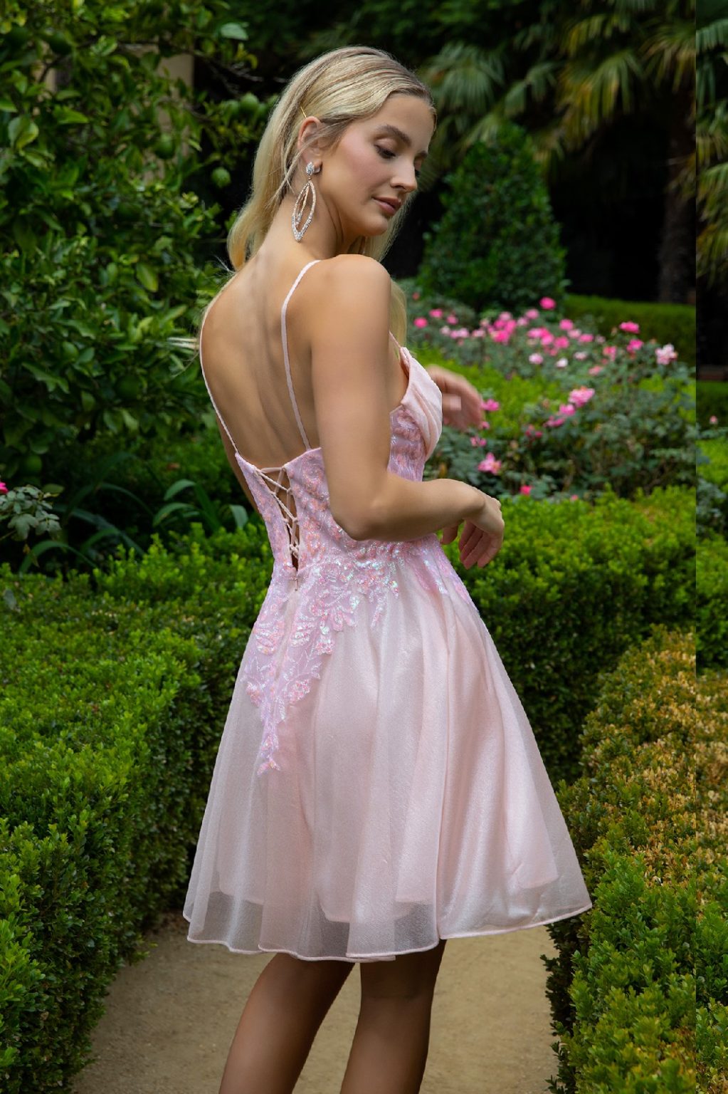 Sheer Bodice Glitter Print Embellished Spaghetti Strap Homecoming Dress GS3507 B Y ELIZABETH K