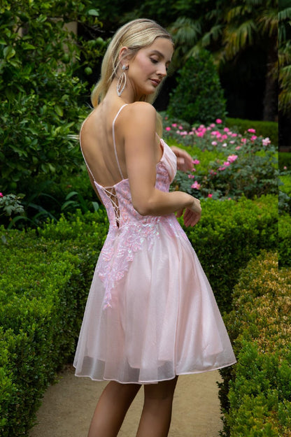Sheer Bodice Glitter Print Embellished Spaghetti Strap Homecoming Dress GS3507 B Y ELIZABETH K
