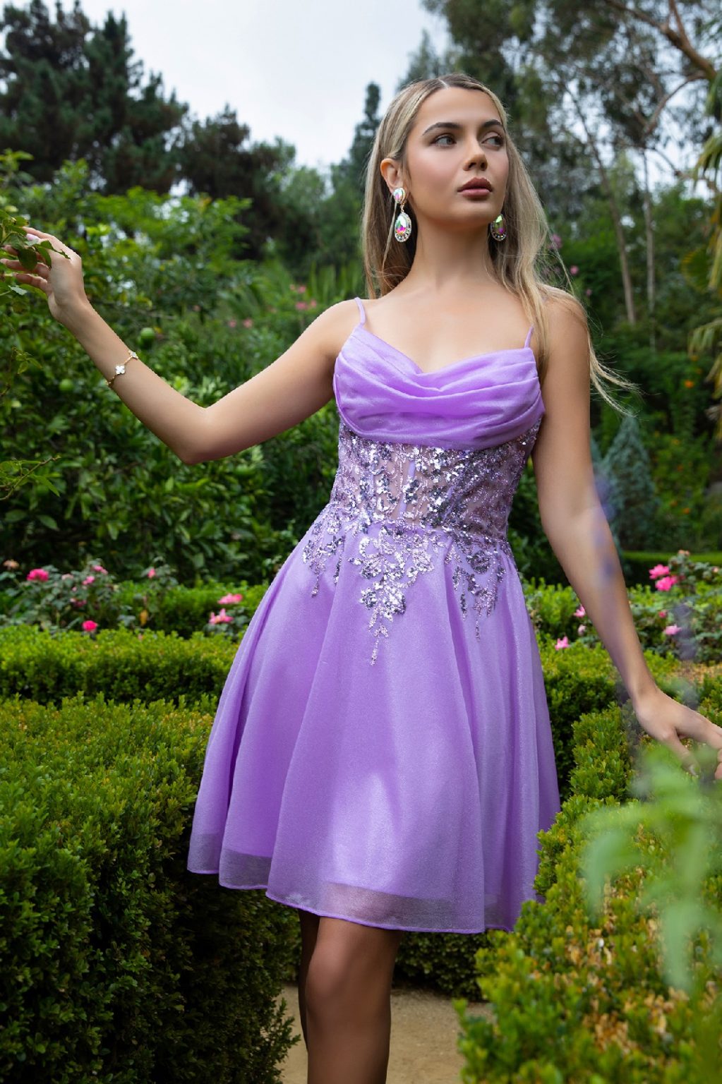 Sheer Bodice Glitter Print Embellished Spaghetti Strap Homecoming Dress GS3507 B Y ELIZABETH K