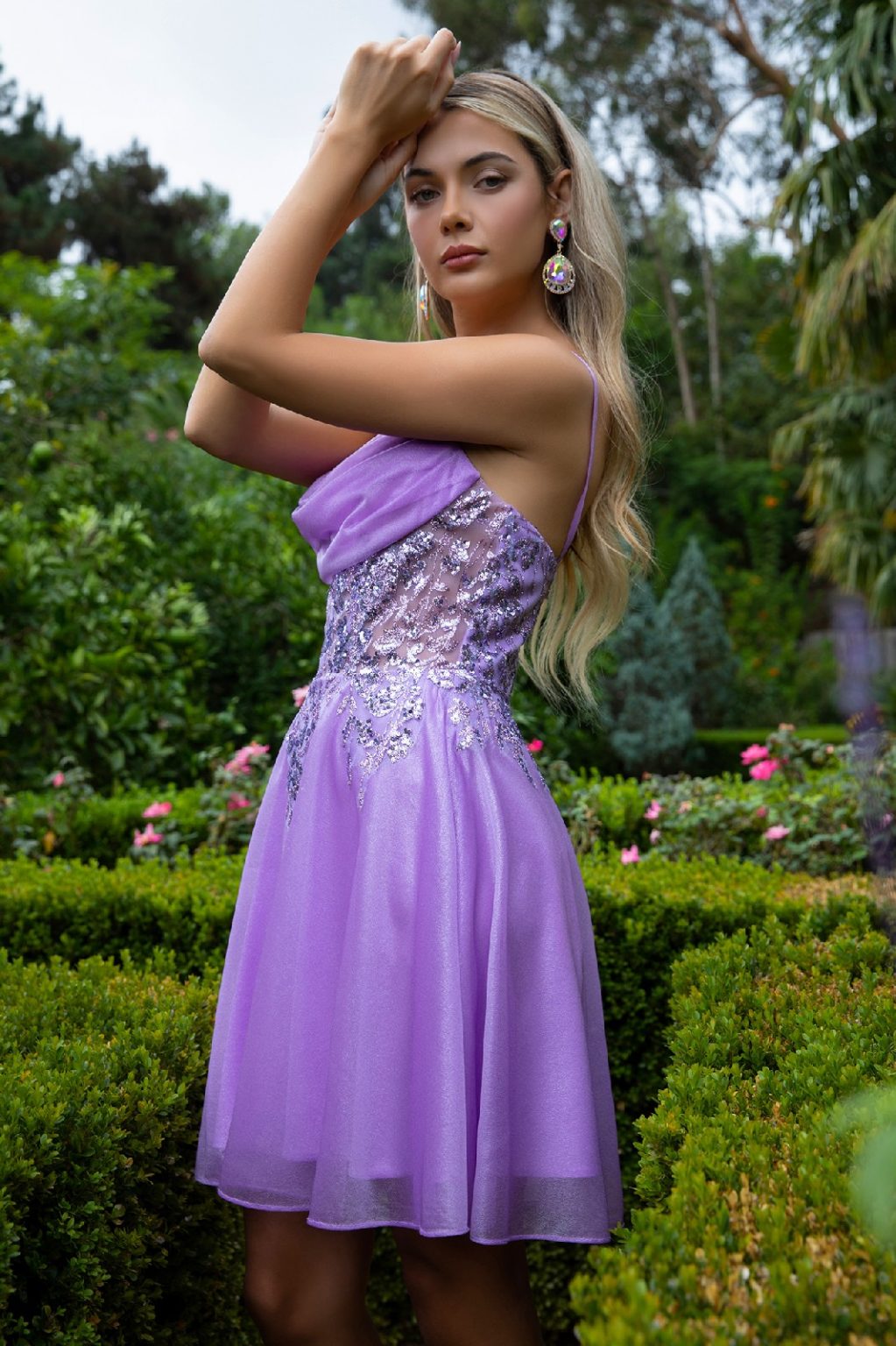 Sheer Bodice Glitter Print Embellished Spaghetti Strap Homecoming Dress GS3507 B Y ELIZABETH K