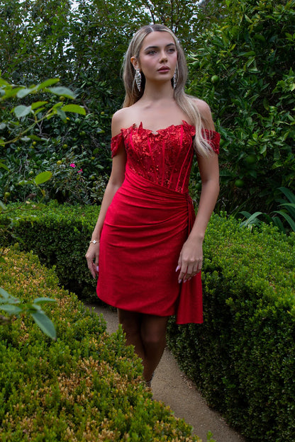 Glitter Jersey Sweetheart Neckline Bodycon Homecoming Dress w/ Cut-Away Shoulder GS3509 BY ELIZABETH K