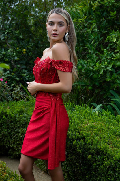 Glitter Jersey Sweetheart Neckline Bodycon Homecoming Dress w/ Cut-Away Shoulder GS3509 BY ELIZABETH K