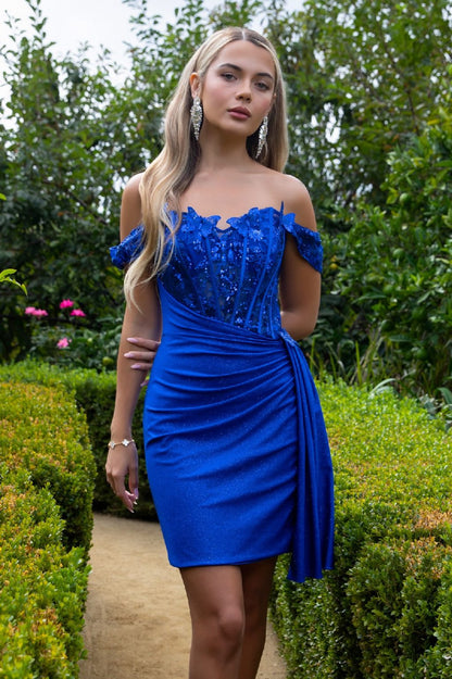 Glitter Jersey Sweetheart Neckline Bodycon Homecoming Dress w/ Cut-Away Shoulder GS3509 BY ELIZABETH K